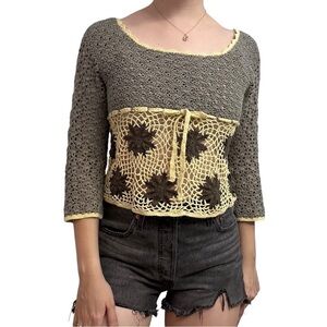 Y2K Vintage Crochet Top Knit Boho Fairy Festival Casual Floral Babydoll Small 15